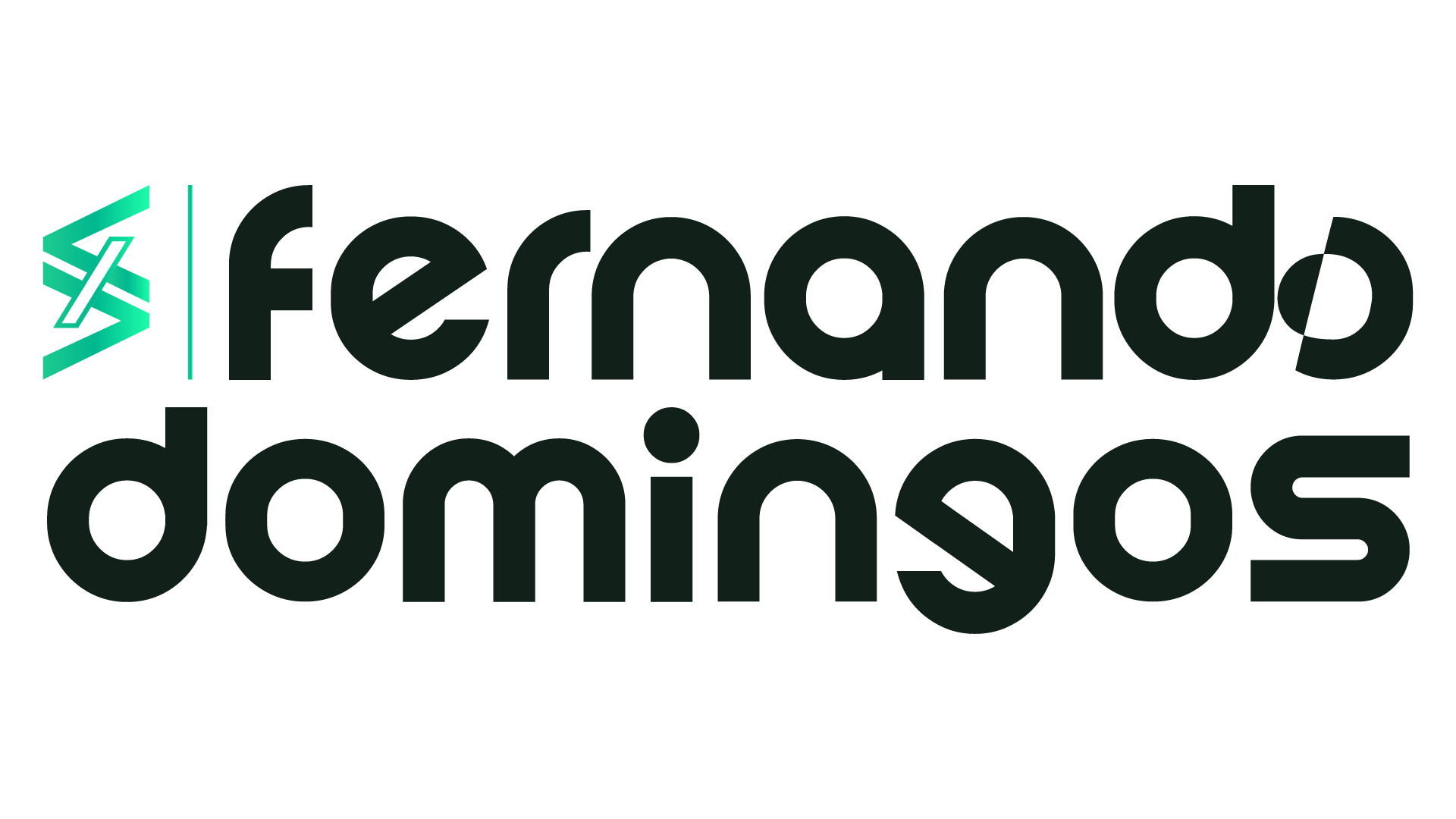 Logotipo da marca Fernando Domingos, com símbolo verde em formato geométrico e o nome escrito em tipografia moderna, representando o trabalho de web design, desenvolvimento WordPress e SEO.
